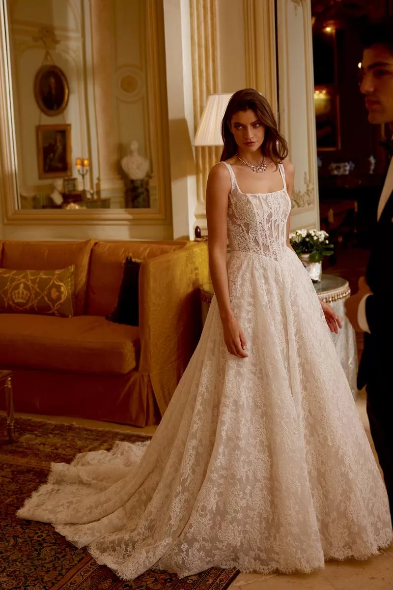 a-line wedding gown with square neckline and lace.