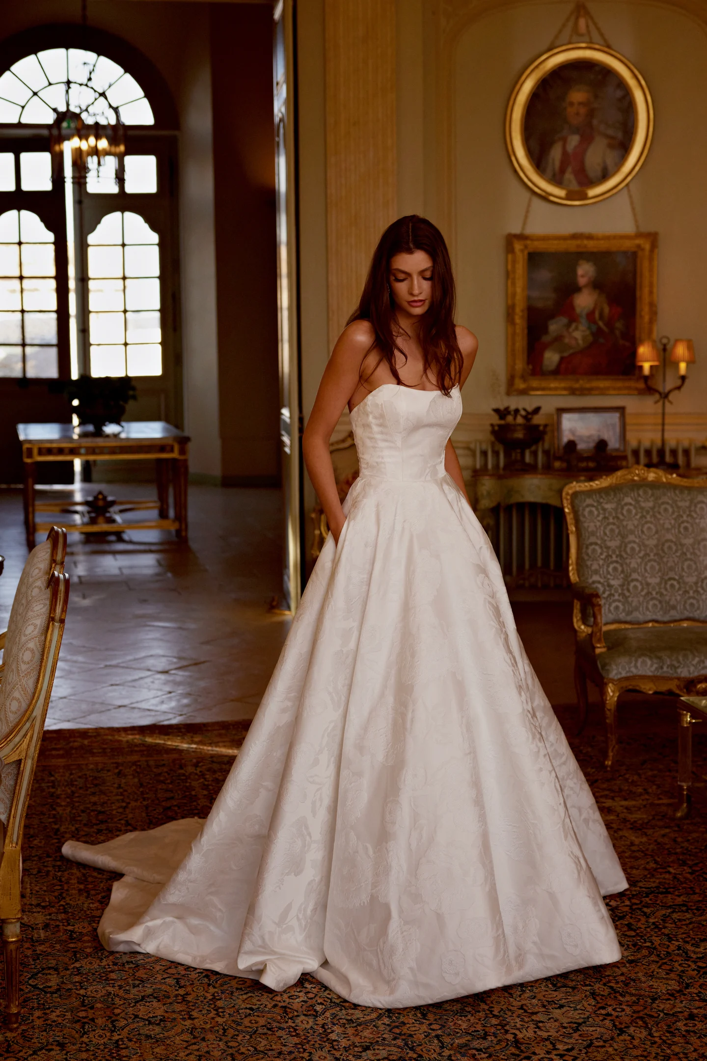 textured fabric jacquard printed a-line wedding gown.