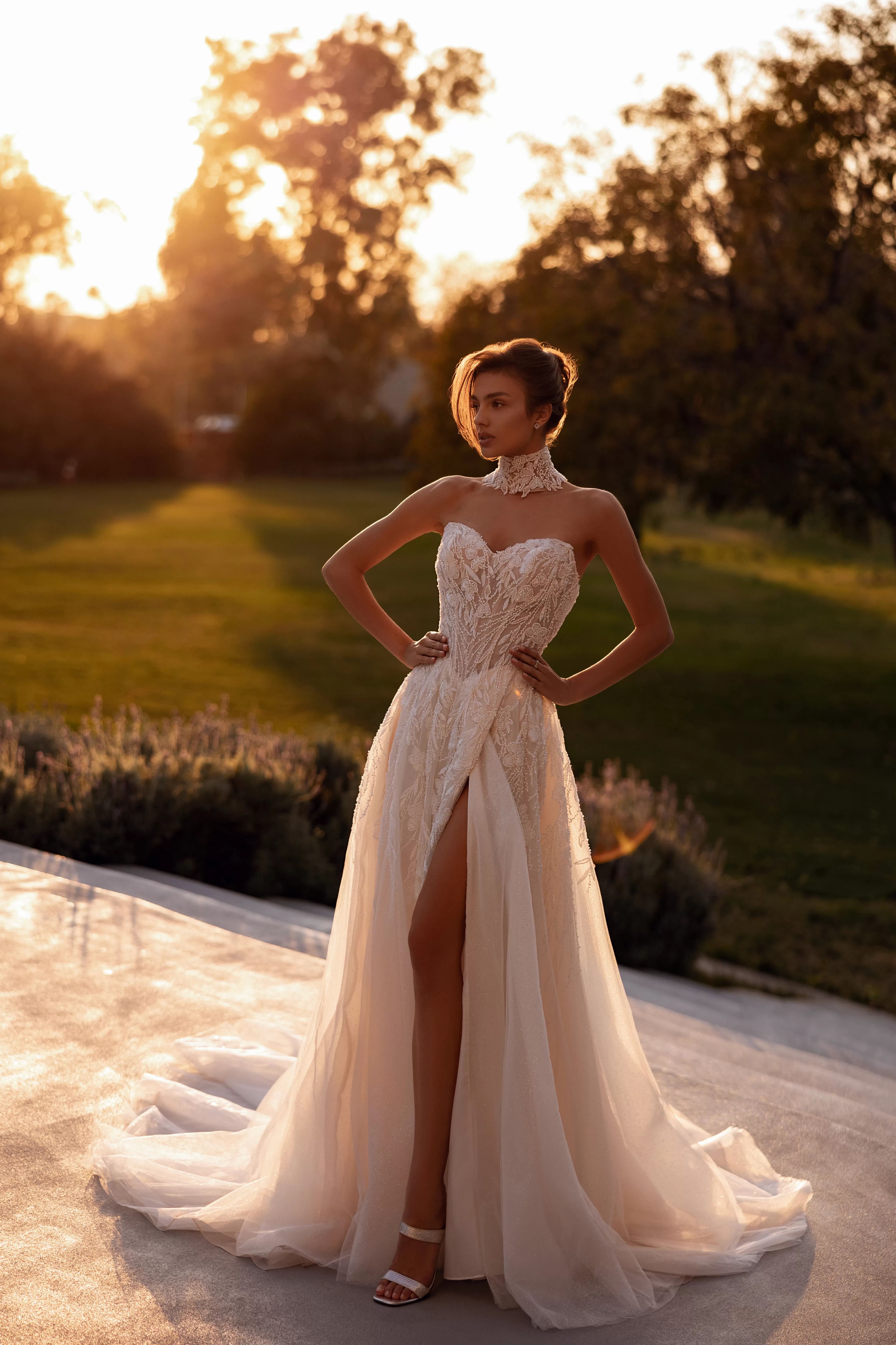 beaded strapless A-line wedding gown with slit.