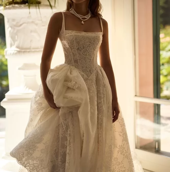 Square a-line neckline, lace wedding gown.