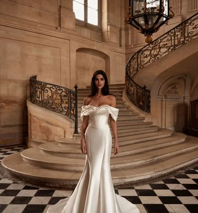 plain fitted off the shoulder wedding gown.