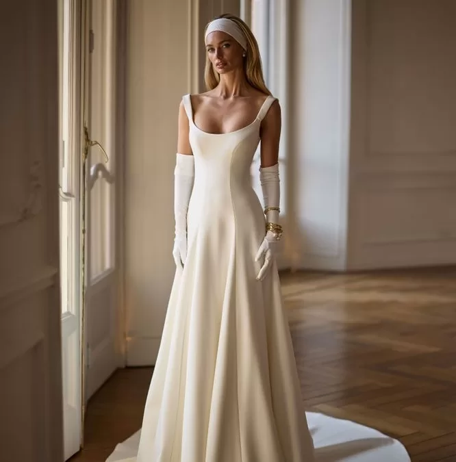 slim A-line with straps, crape wedding gown.