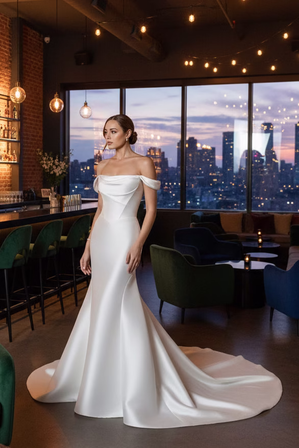 fit and flare modern Mikado wedding gown.