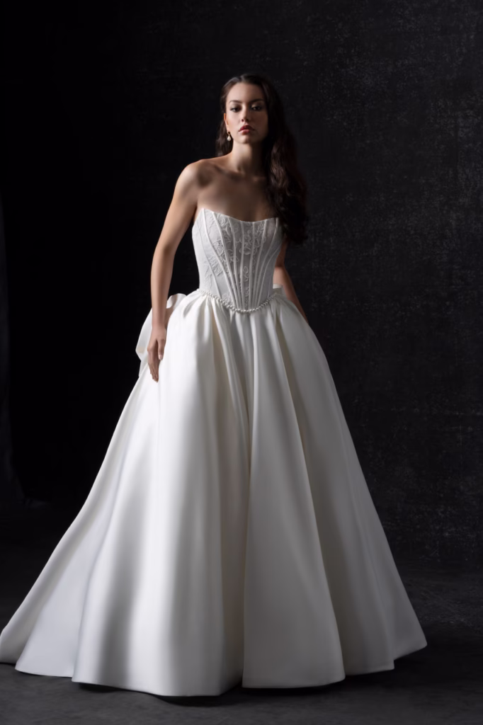 Mikado ball gown with lace corset sheer top wedding gown.