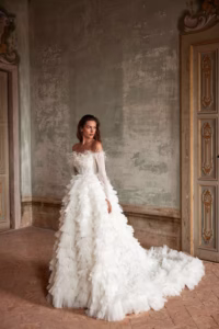 feather, layers with of the shoulder beaded sleeves wedding dress.