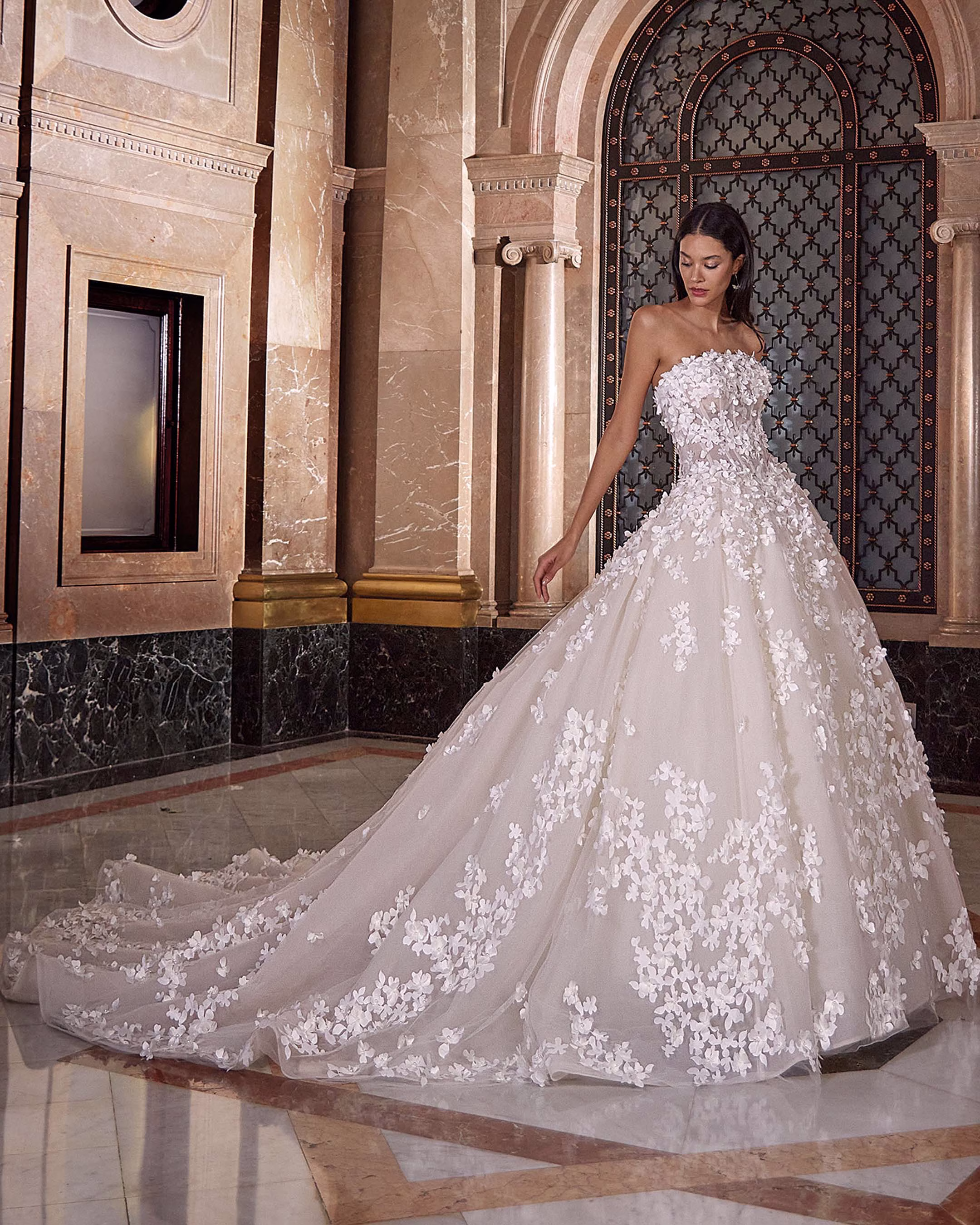 Demetrios DP550 3D floral tulle ball gown wedding dress with a strapless sweetheart neckline, sheer corset bodice, detachable off-the-shoulder sleeves, and cathedral train.