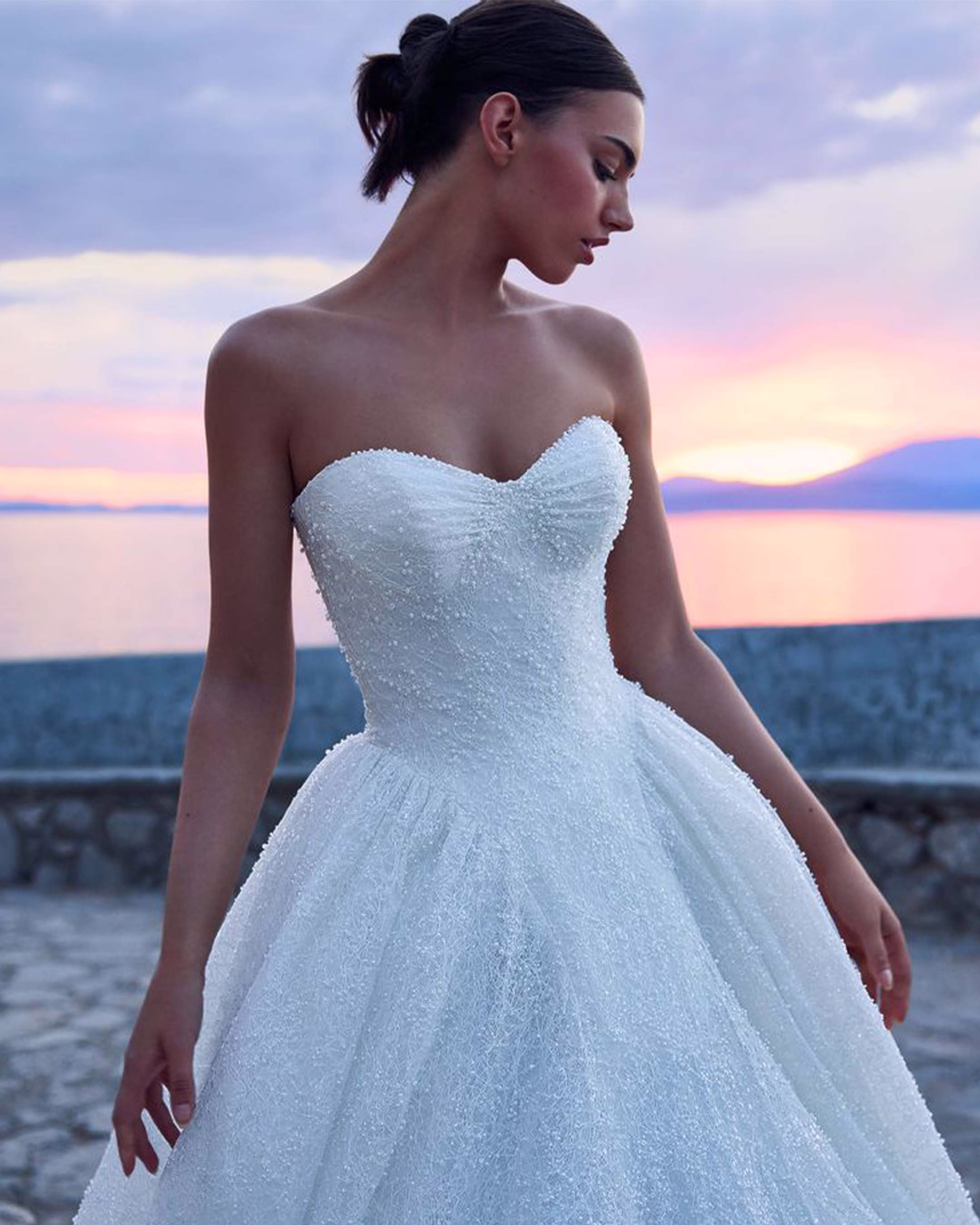Sophia Tolli Soul ST655 beaded lace ball gown wedding dress with strapless sweetheart neckline, corset bodice, full tulle skirt, sequins, and chapel-length train.