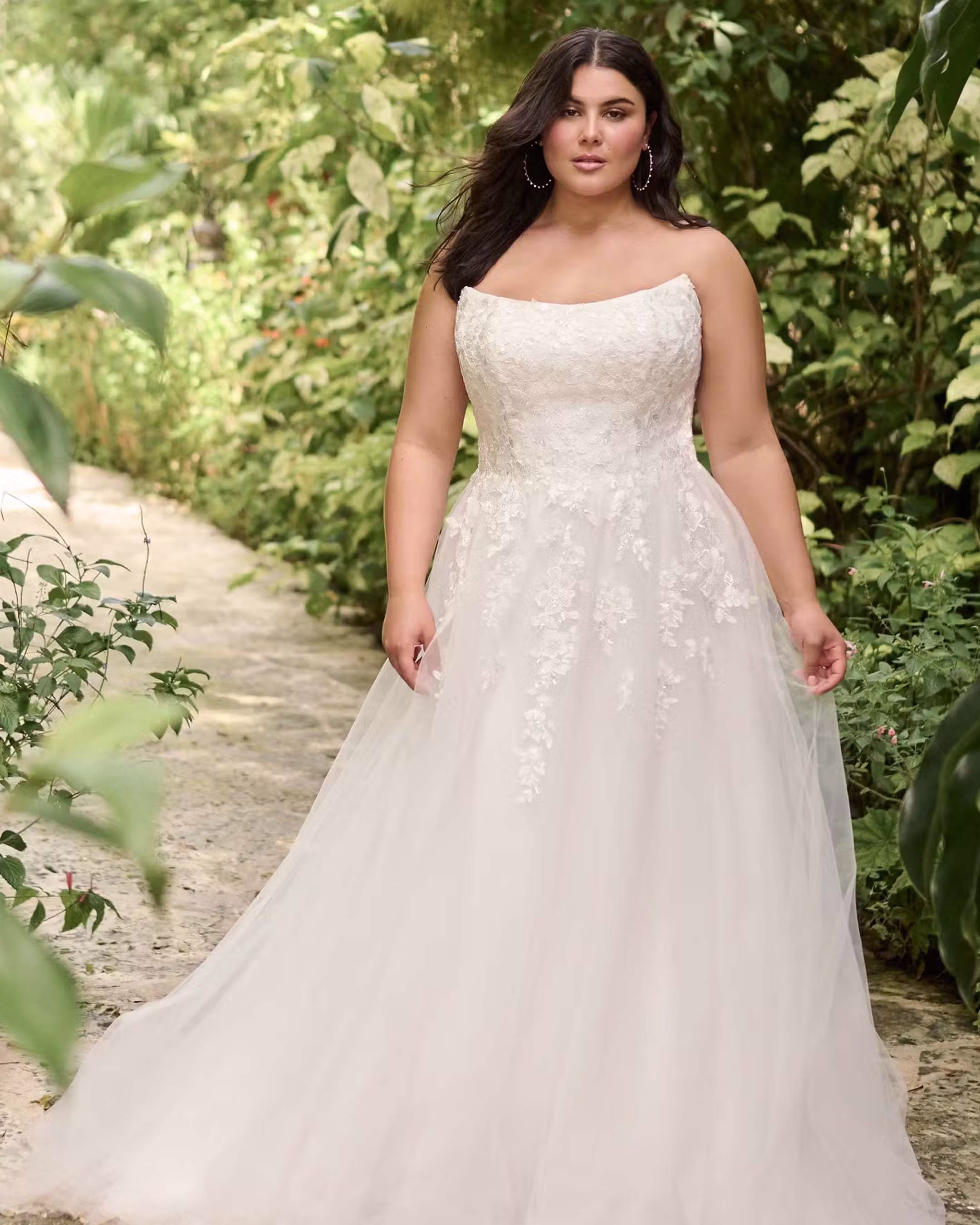 Rebecca Ingram Ventura A-line wedding dress featuring silver floral lace, a cat-eye neckline, glitter tulle skirt, and romantic bridal elegance.