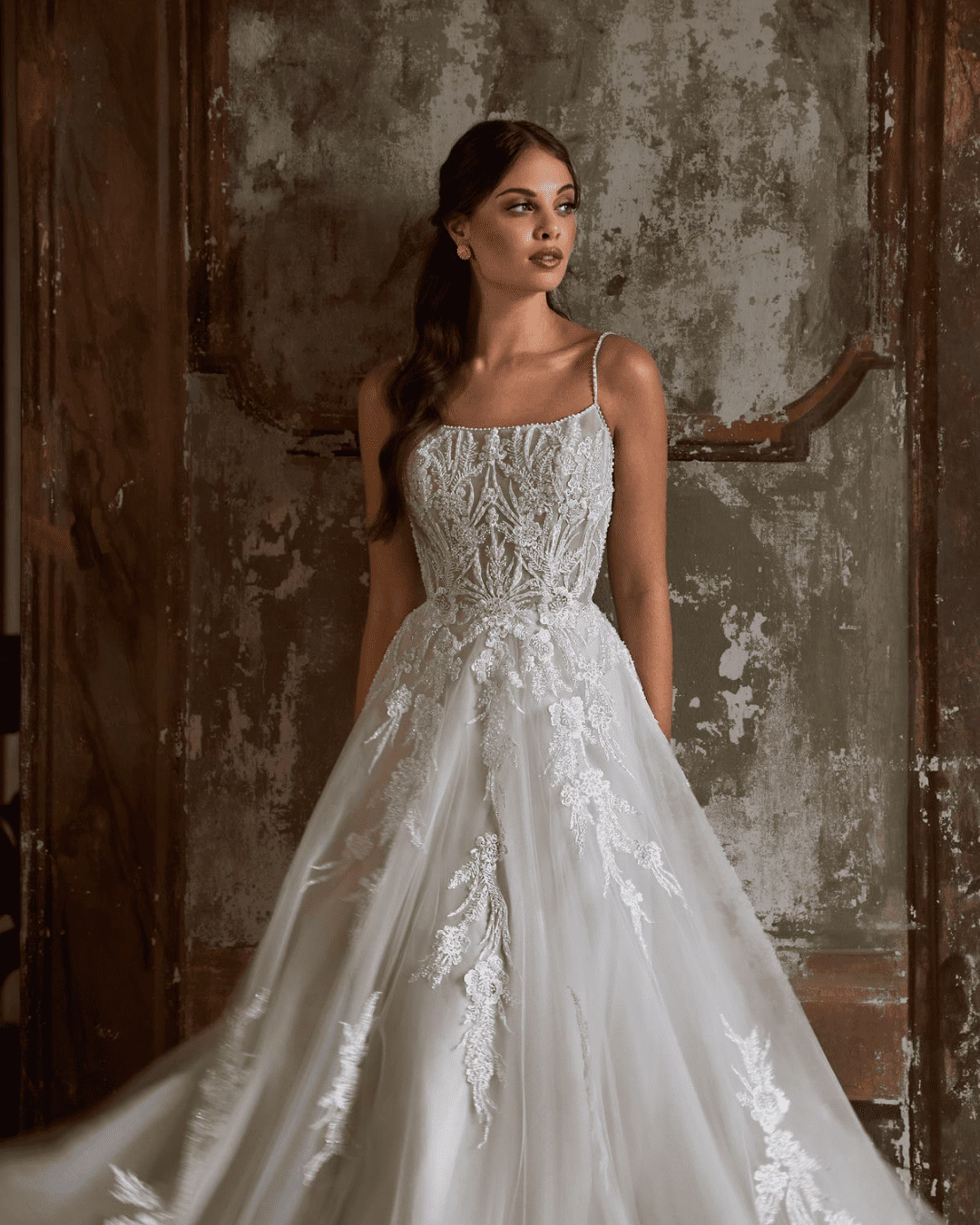 Demetrios Style 8213 lace A-line wedding dress with illusion bodice, floral lace appliqués, fitted waist, flowing skirt, and elegant train.