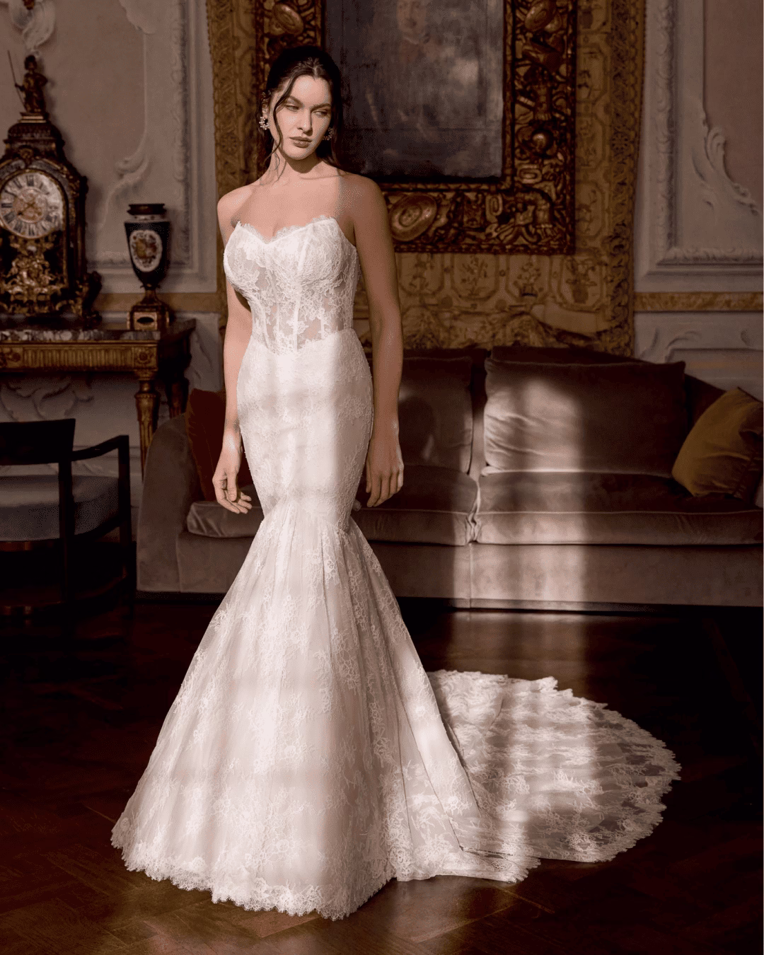 Justin Alexander Lolita fit-and-flare wedding dress featuring a romantic lace bodice, figure-flattering silhouette, elegant train, and timeless bridal style.
