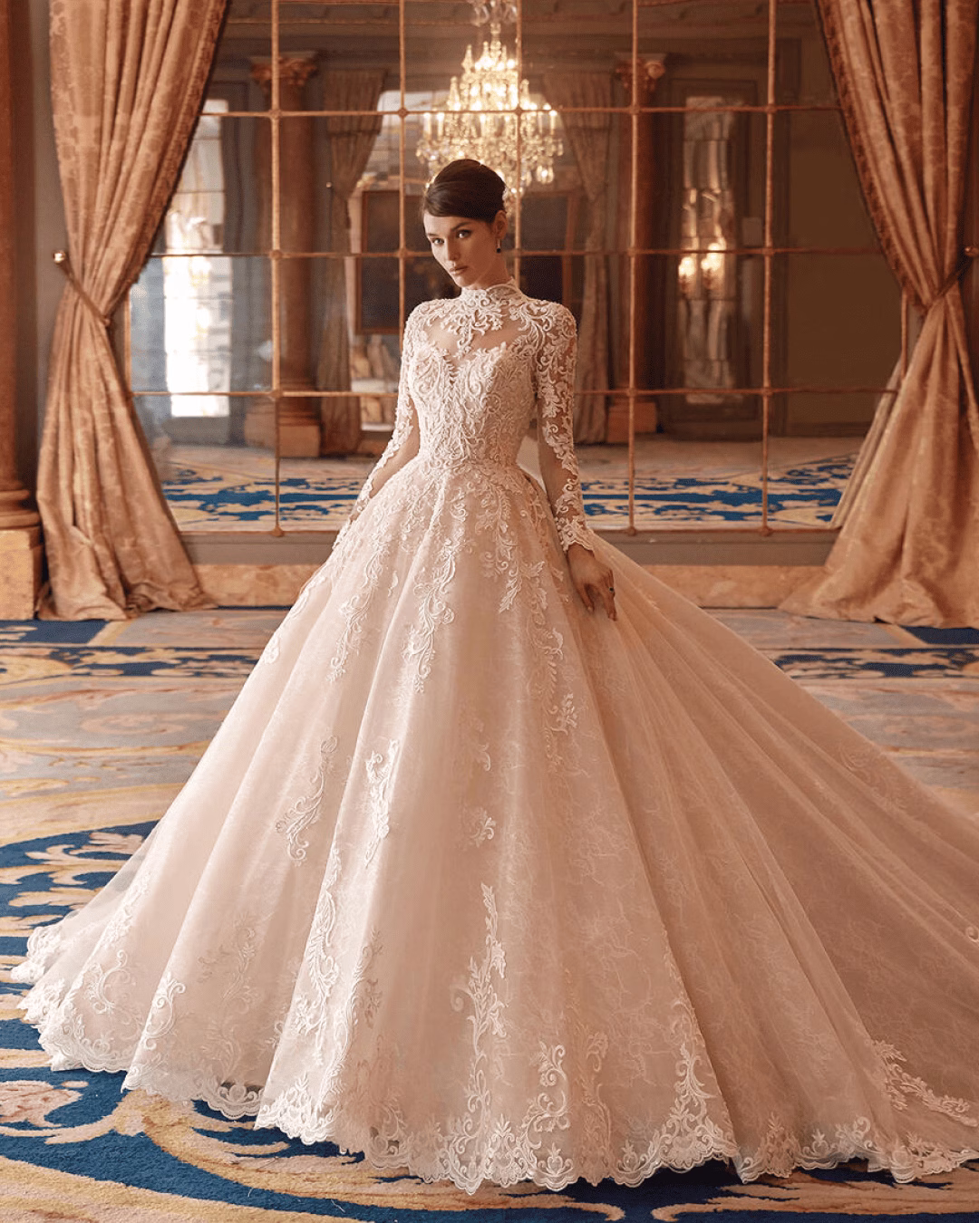 Demetrios DP432 Alma lace A-line wedding dress with organza and tulle layers, romantic detailing, elegant silhouette, and flowing train.