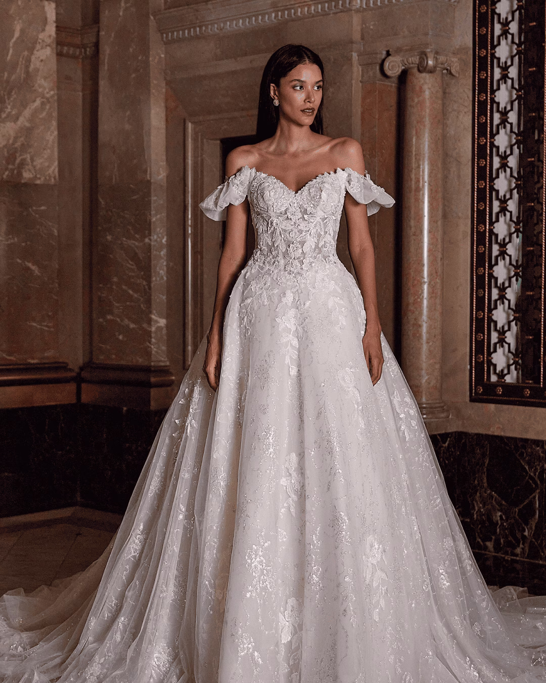 Demetrios DP538 fit-and-flare wedding dress with a strapless sweetheart neckline, sheer corset bodice, beaded lace appliqués, shimmering tulle, and cathedral train.