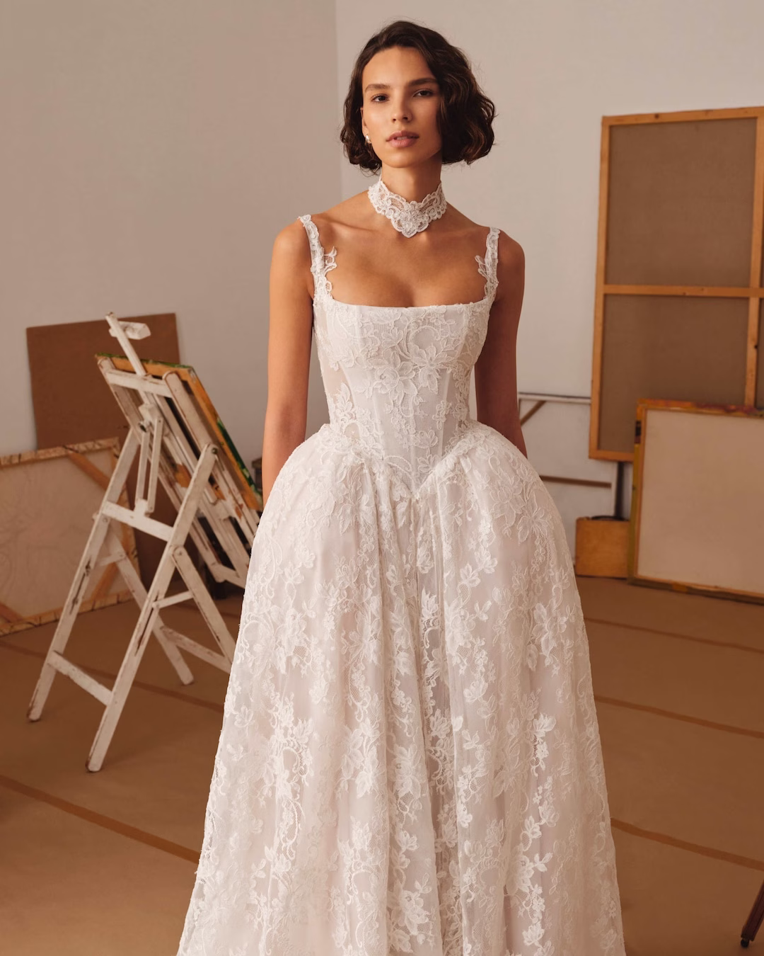 Milla Nova Poesia wedding dress with Chantilly lace corset bodice and full A-line skirt